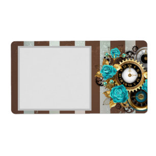 Steampunk Clock and Turquoise Roses on Striped