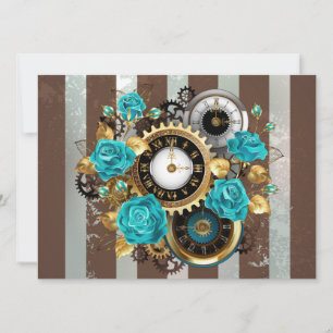 Steampunk Clock and Turquoise Roses on Striped