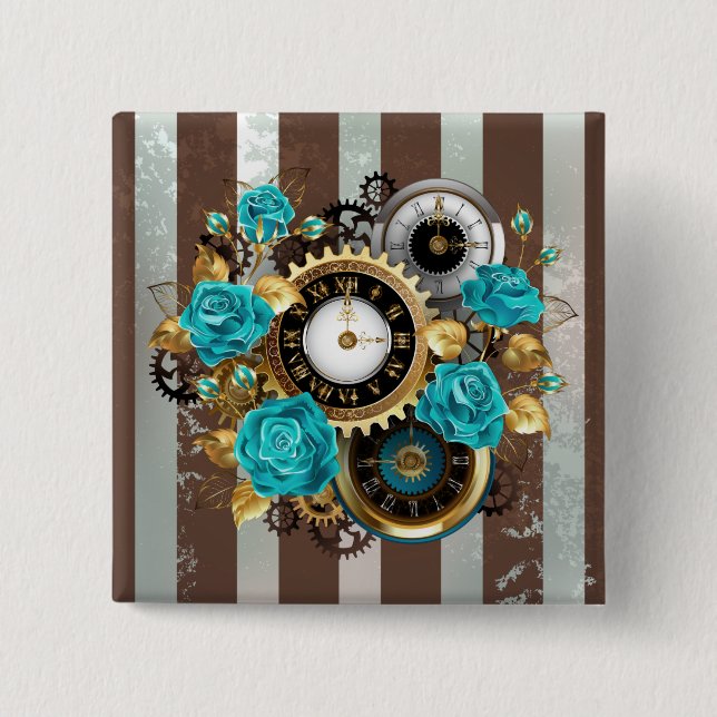Steampunk Clock and Turquoise Roses on Striped 15 Cm Square Badge (Front)