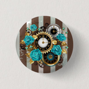 Steampunk Clock and Turquoise Roses on Striped 3 Cm Round Badge