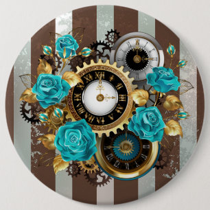 Steampunk Clock and Turquoise Roses on Striped 6 Cm Round Badge