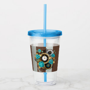 Steampunk Clock and Turquoise Roses on Striped Acrylic Tumbler