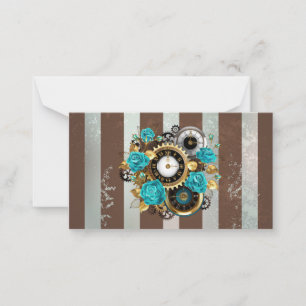 Steampunk Clock and Turquoise Roses on Striped Advice Card