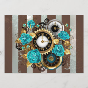 Steampunk Clock and Turquoise Roses on Striped Advice Card