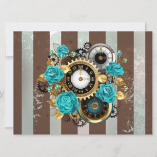 Steampunk Clock and Turquoise Roses on Striped Announcement