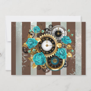 Steampunk Clock and Turquoise Roses on Striped Announcement