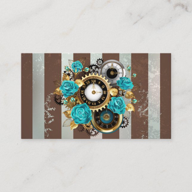 Steampunk Clock and Turquoise Roses on Striped Appointment Card (Front)
