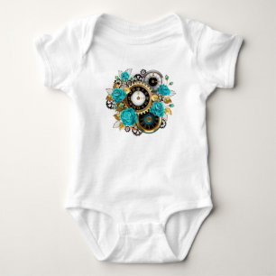 Steampunk Clock and Turquoise Roses on Striped Baby Bodysuit