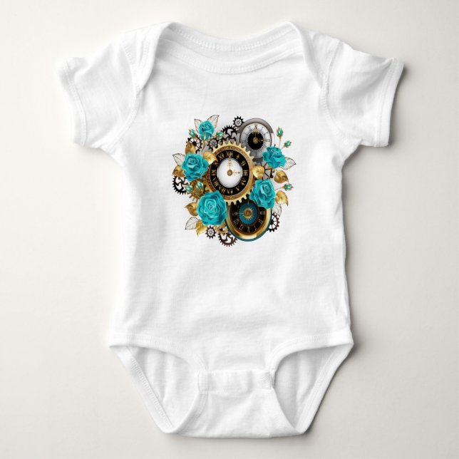 Steampunk Clock and Turquoise Roses on Striped Baby Bodysuit (Front)
