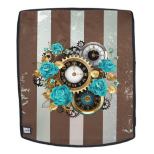 Steampunk Clock and Turquoise Roses on Striped Backpack