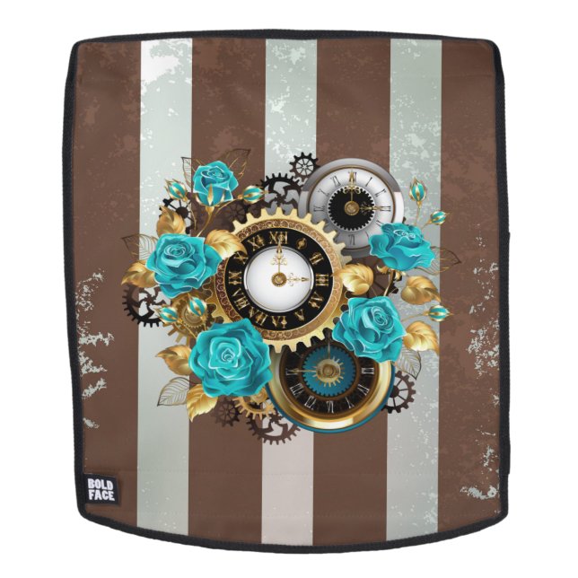 Steampunk Clock and Turquoise Roses on Striped Backpack (Removable Face)