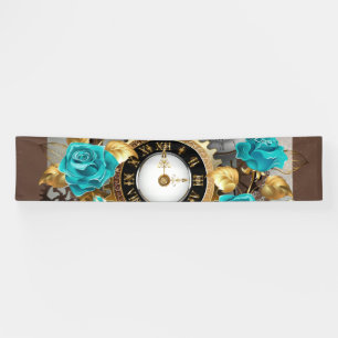 Steampunk Clock and Turquoise Roses on Striped Banner