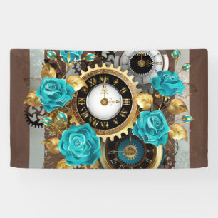 Steampunk Clock and Turquoise Roses on Striped Banner