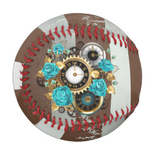 Steampunk Clock and Turquoise Roses on Striped Baseball