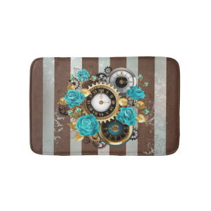 Steampunk Clock and Turquoise Roses on Striped Bath Mat