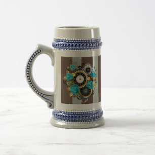 Steampunk Clock and Turquoise Roses on Striped Beer Stein