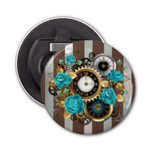 Steampunk Clock and Turquoise Roses on Striped Bottle Opener