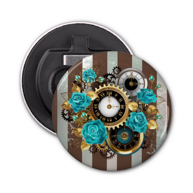 Steampunk Clock and Turquoise Roses on Striped Bottle Opener (Front)