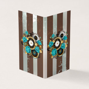 Steampunk Clock and Turquoise Roses on Striped Business Card