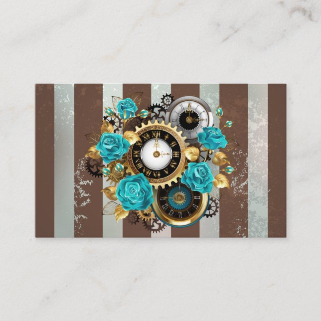 Steampunk Clock and Turquoise Roses on Striped Business Card (Front)