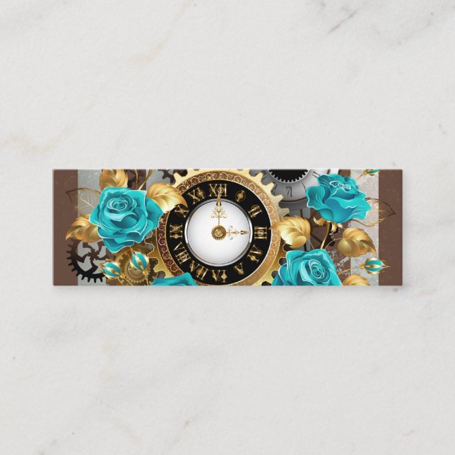 Steampunk Clock and Turquoise Roses on Striped Calling Card (Front)