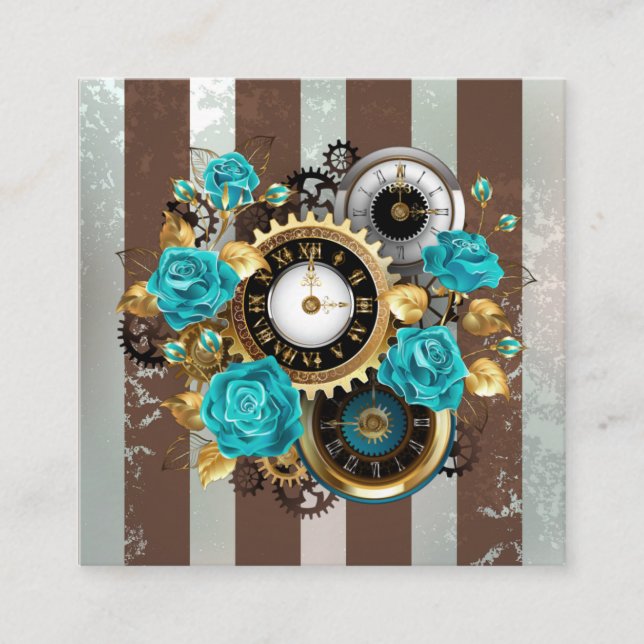 Steampunk Clock and Turquoise Roses on Striped Calling Card (Front)