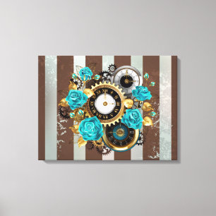Steampunk Clock and Turquoise Roses on Striped Canvas Print