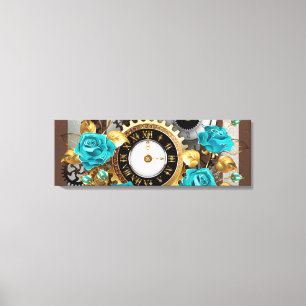 Steampunk Clock and Turquoise Roses on Striped Canvas Print