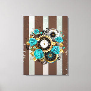 Steampunk Clock and Turquoise Roses on Striped Canvas Print