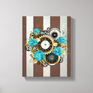 Steampunk Clock and Turquoise Roses on Striped Canvas Print