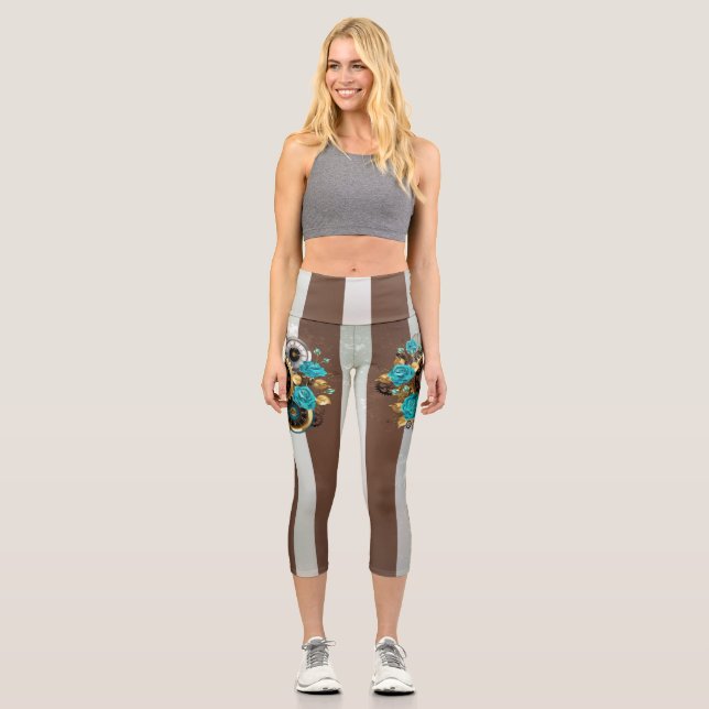 Steampunk Clock and Turquoise Roses on Striped Capri Leggings (Front)