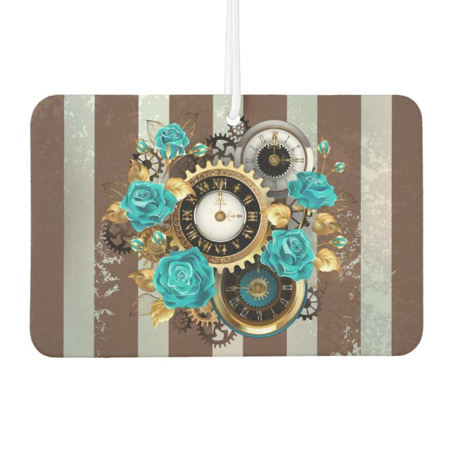 Steampunk Clock and Turquoise Roses on Striped Car Air Freshener (Front)