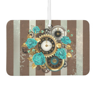 Steampunk Clock and Turquoise Roses on Striped Car Air Freshener