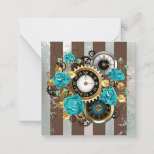 Steampunk Clock and Turquoise Roses on Striped Card