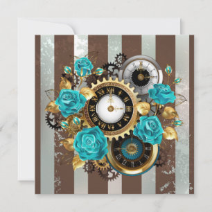 Steampunk Clock and Turquoise Roses on Striped Card