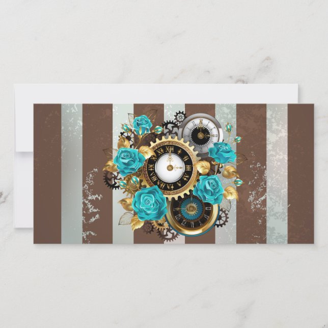 Steampunk Clock and Turquoise Roses on Striped Card (Front)