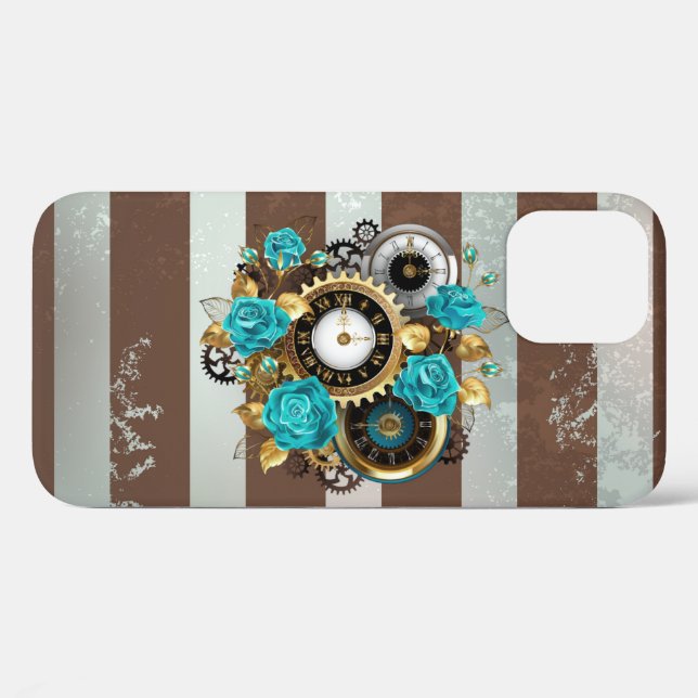 Steampunk Clock and Turquoise Roses on Striped Case-Mate iPhone Case (Back (Horizontal))