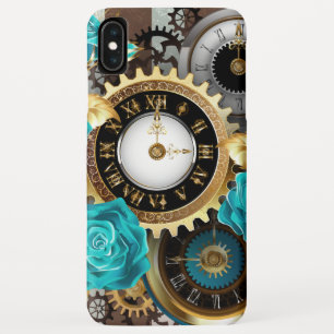 Steampunk Clock and Turquoise Roses on Striped Case-Mate iPhone Case