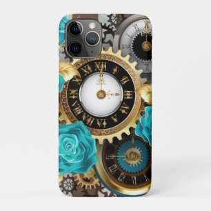 Steampunk Clock and Turquoise Roses on Striped Case-Mate iPhone Case