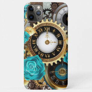 Steampunk Clock and Turquoise Roses on Striped Case-Mate iPhone Case