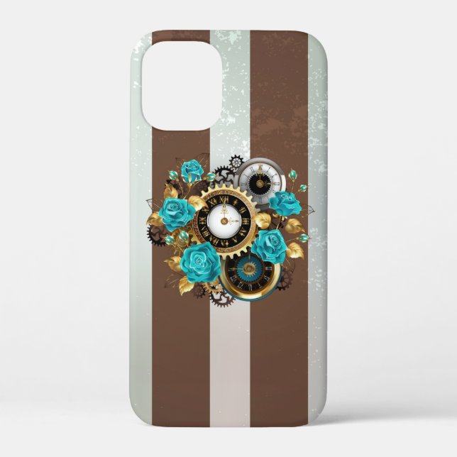 Steampunk Clock and Turquoise Roses on Striped Case-Mate iPhone Case (Back)