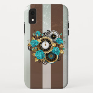 Steampunk Clock and Turquoise Roses on Striped Case-Mate iPhone Case