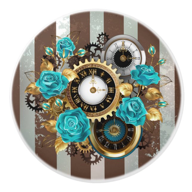 Steampunk Clock and Turquoise Roses on Striped Ceramic Knob (Front)