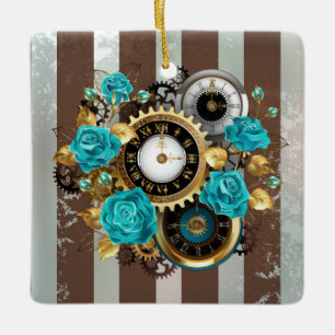 Steampunk Clock and Turquoise Roses on Striped Ceramic Ornament