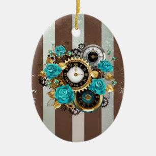 Steampunk Clock and Turquoise Roses on Striped Ceramic Tree Decoration