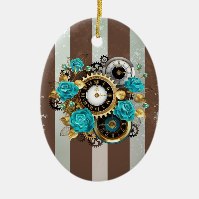 Steampunk Clock and Turquoise Roses on Striped Ceramic Tree Decoration (Front)