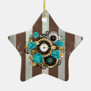 Steampunk Clock and Turquoise Roses on Striped Ceramic Tree Decoration