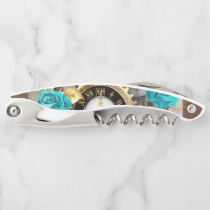 Steampunk Clock and Turquoise Roses on Striped Corkscrew