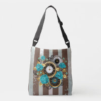 Steampunk Clock and Turquoise Roses on Striped
