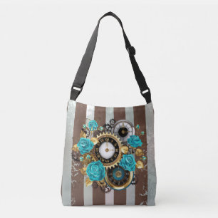 Steampunk Clock and Turquoise Roses on Striped Crossbody Bag